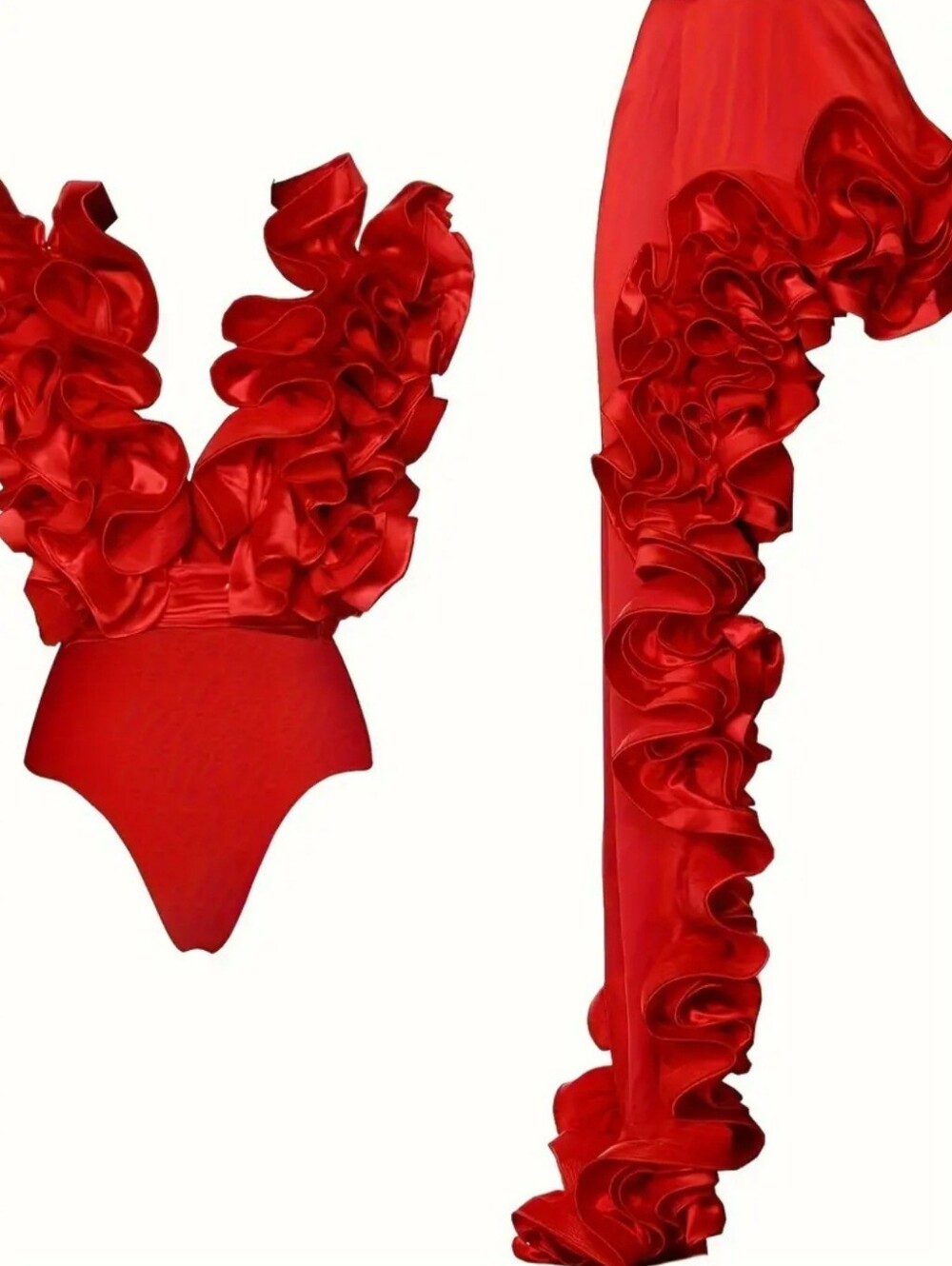 Women’s Red Ruffle One-Piece Swimsuit & Asymmetrical Maxi Skirt Set –Size L